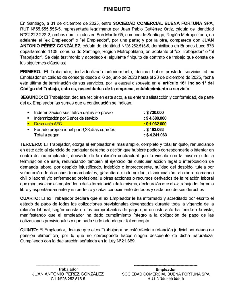 Descuento de la AFC en finiquito laboral Chile